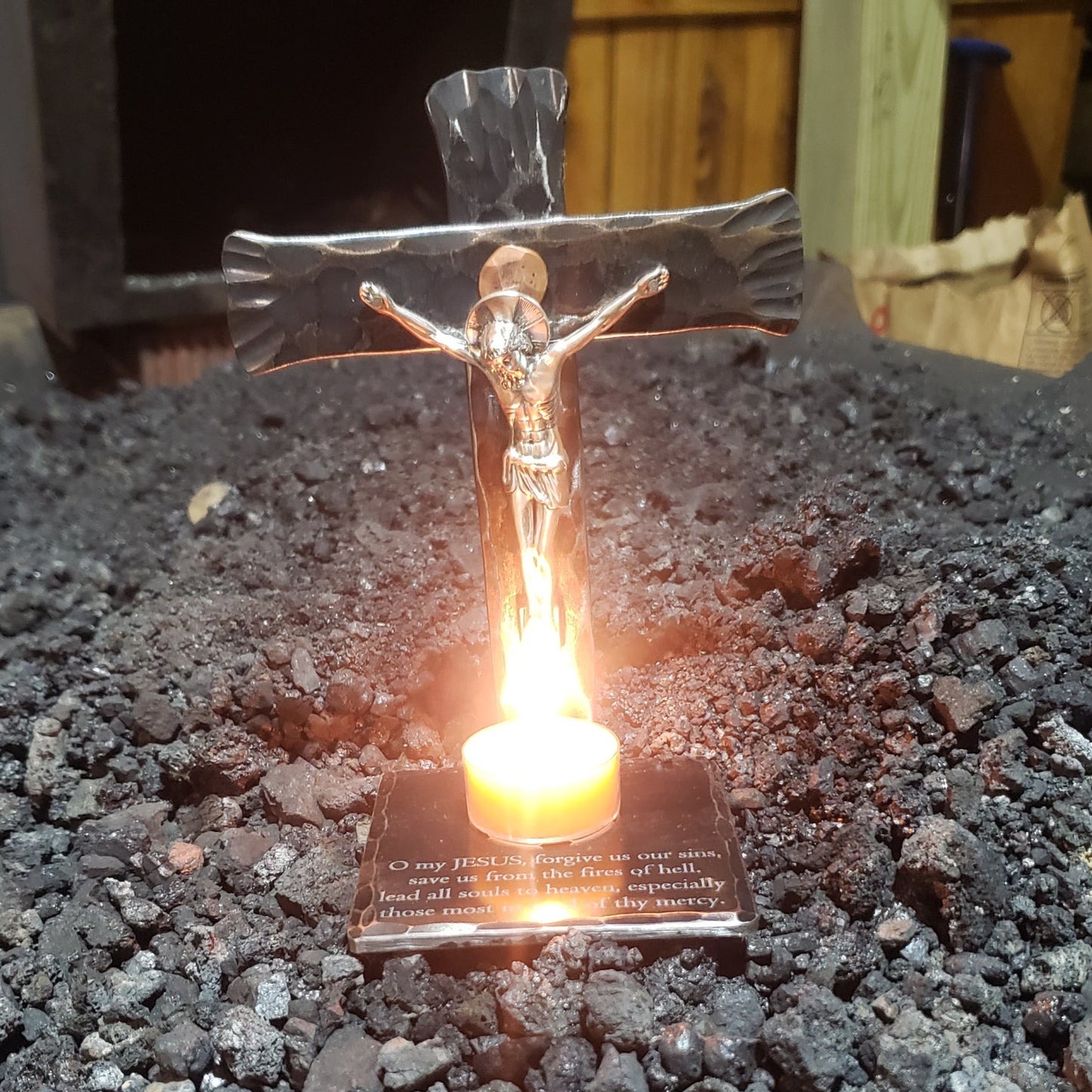 crucifix prayer candle holder with Fatima prayer