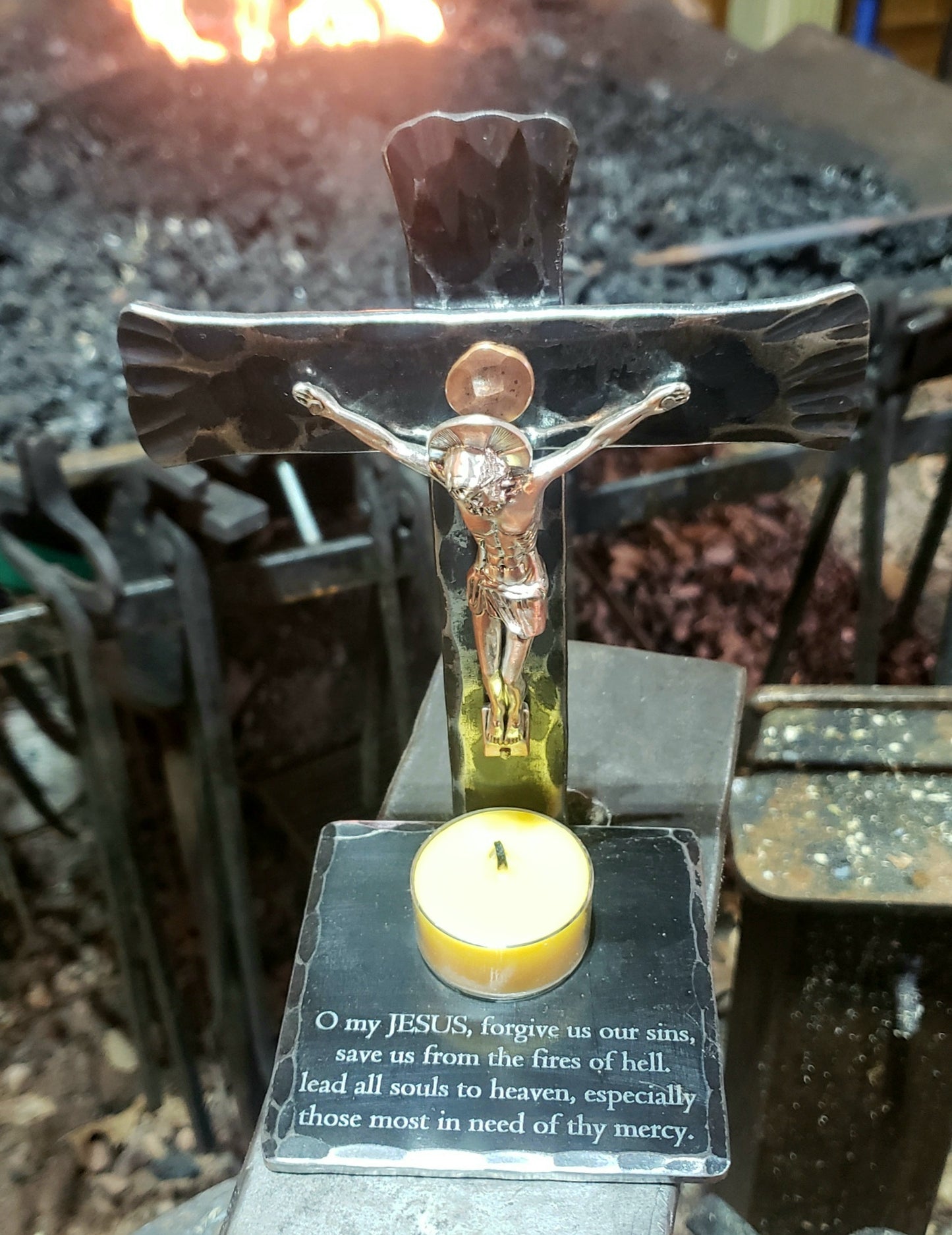 crucifix prayer candle holder with Fatima prayer