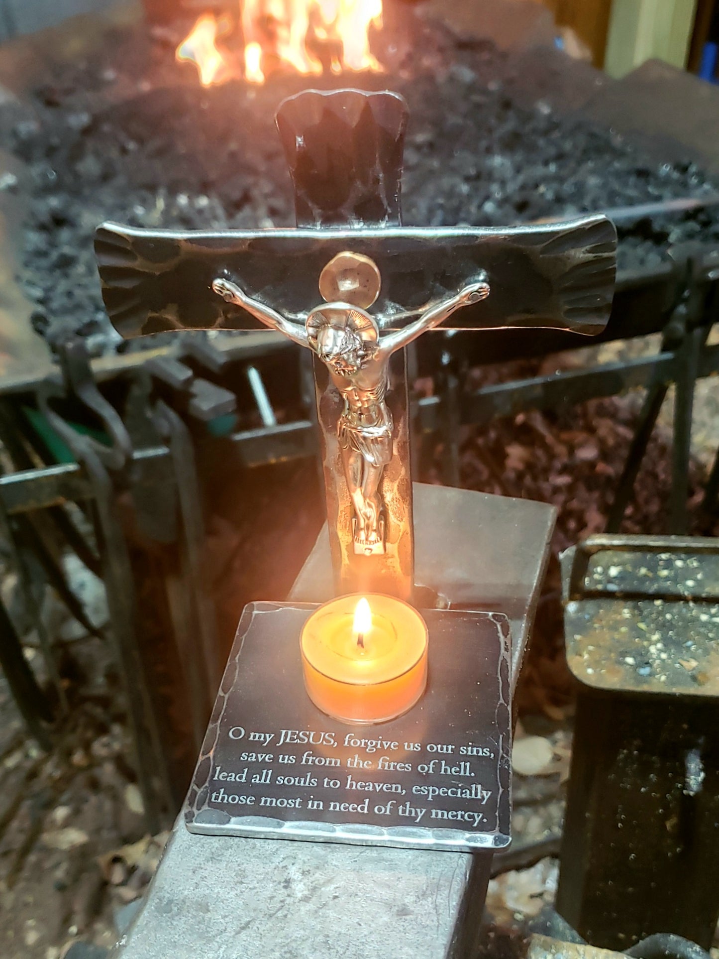 crucifix prayer candle holder with Fatima prayer