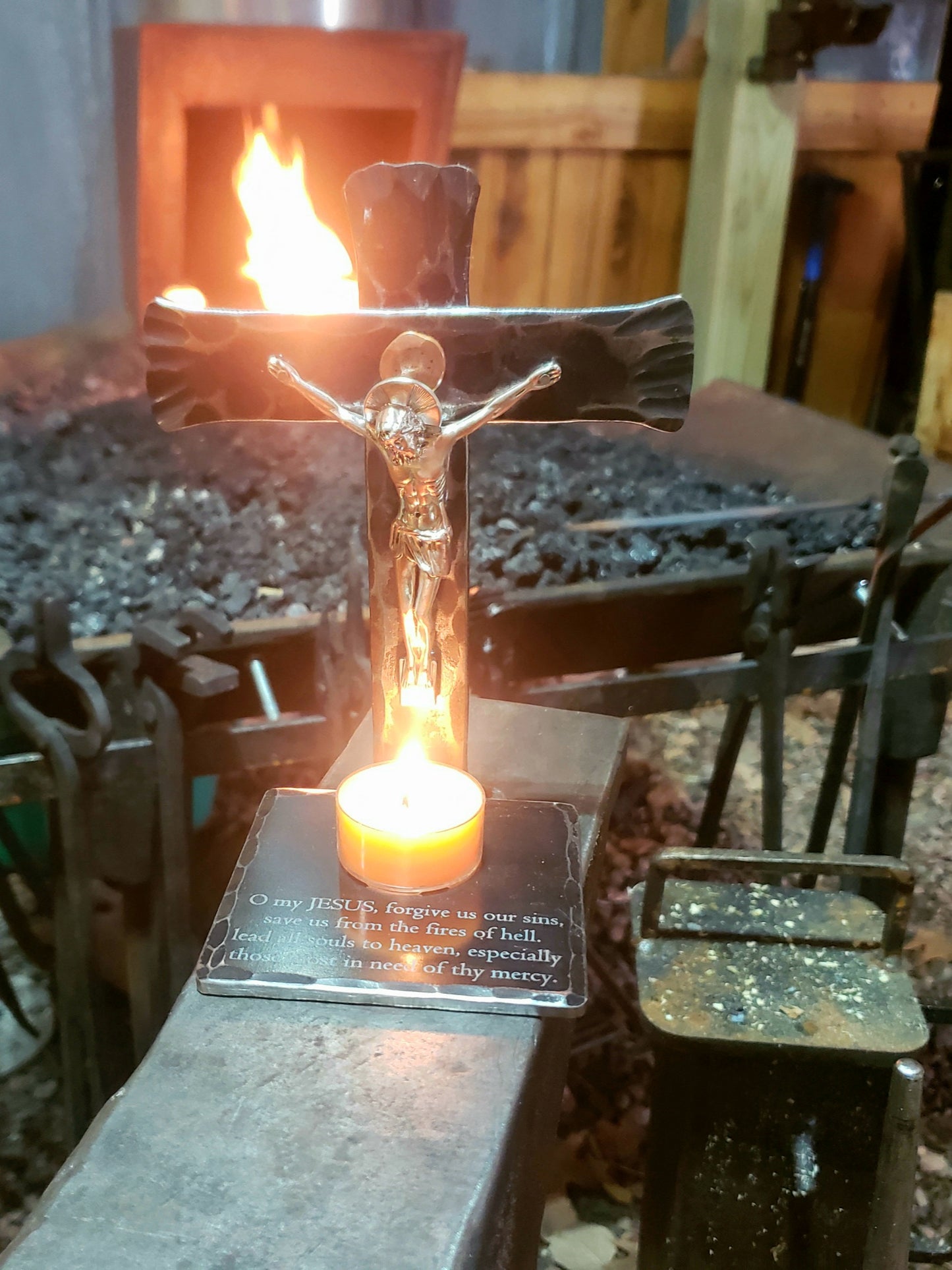 crucifix prayer candle holder with Fatima prayer
