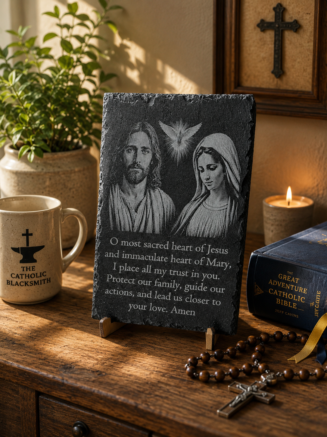 Sacred Heart of Jesus & Immaculate Heart of Mary Slate Prayer Plaque