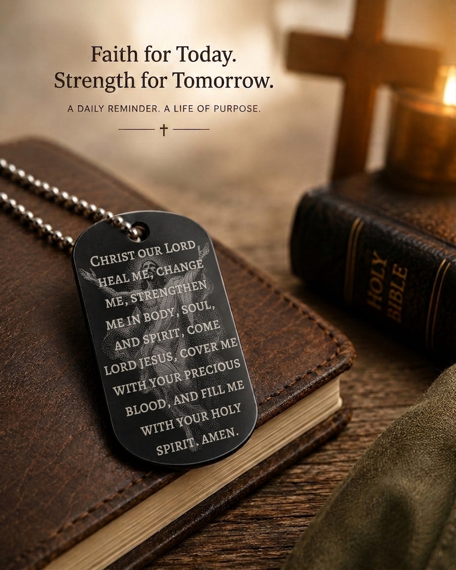 Ascension of Jesus devotional dog tag with Prayer for Strength displayed in a Catholic devotional setting.