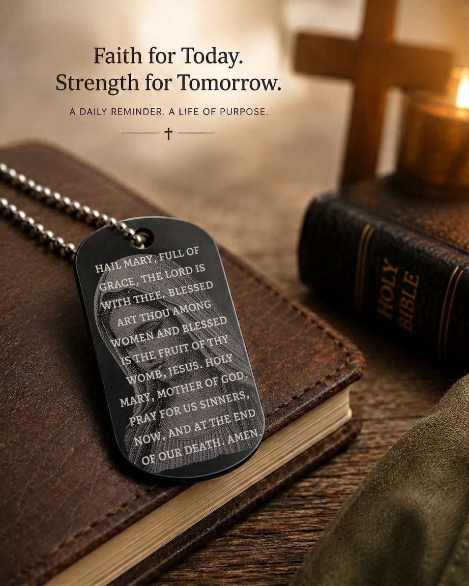 Blessed Virgin Mary Hail Mary Prayer devotional dog tag displayed in a Catholic devotional setting.