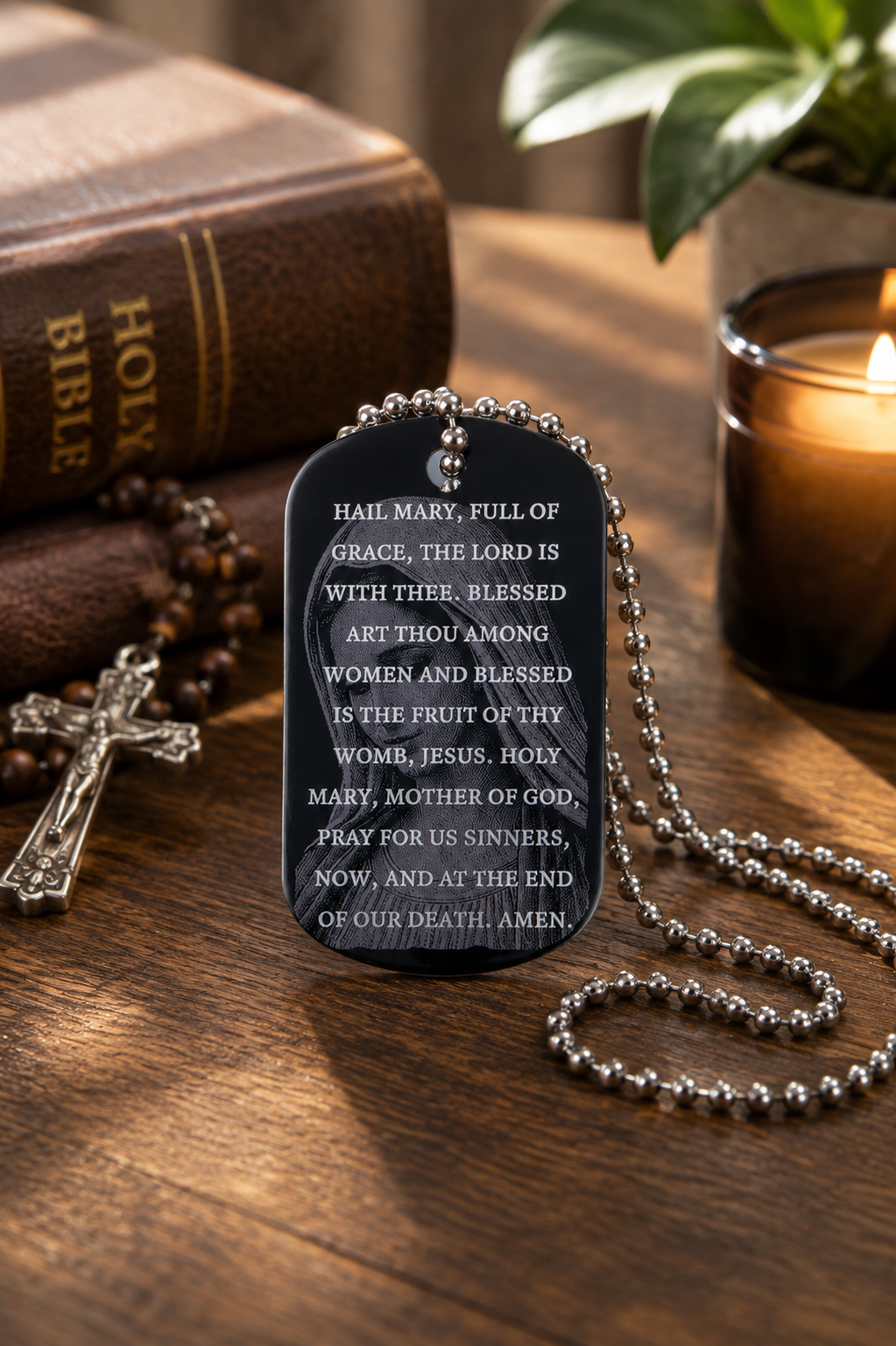 Hail Mary prayer dog tag necklace displayed in a Catholic devotional setting