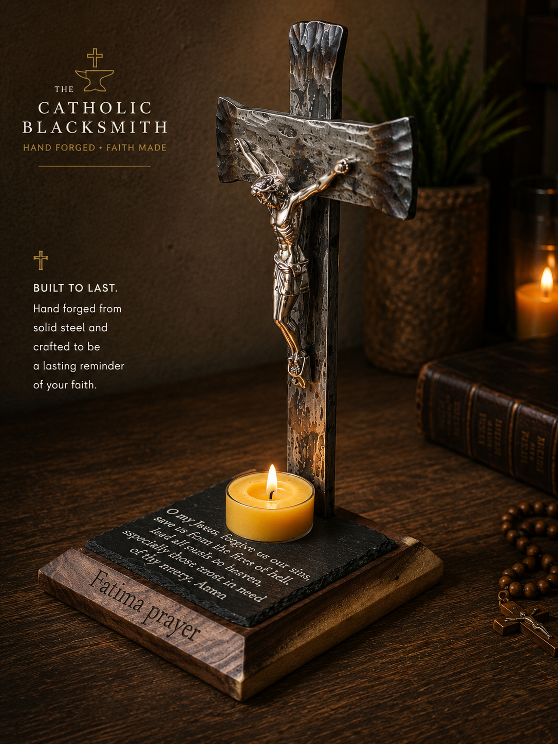Hand-forged Fatima Prayer crucifix candle holder displayed as Catholic home décor.