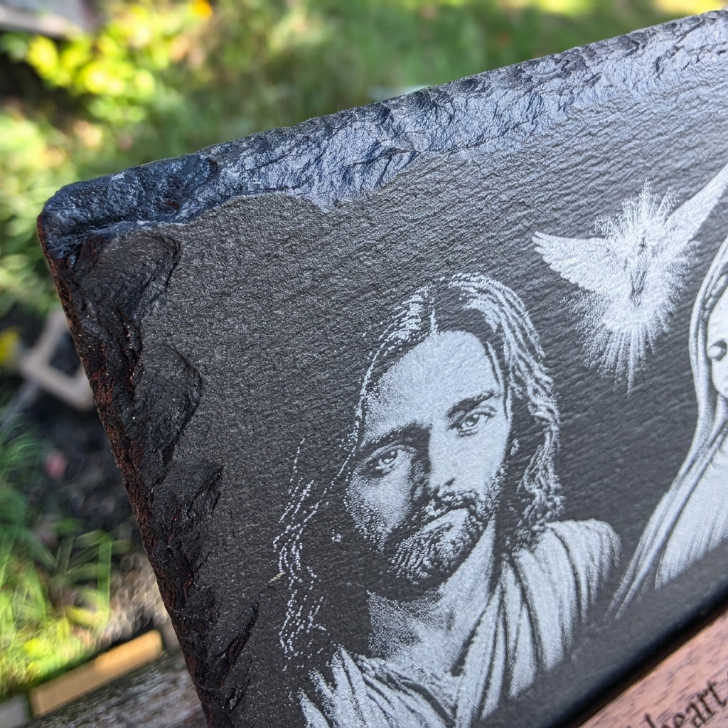 Close-up of Sacred Heart of Jesus and Immaculate Heart of Mary laser engraved slate artwork