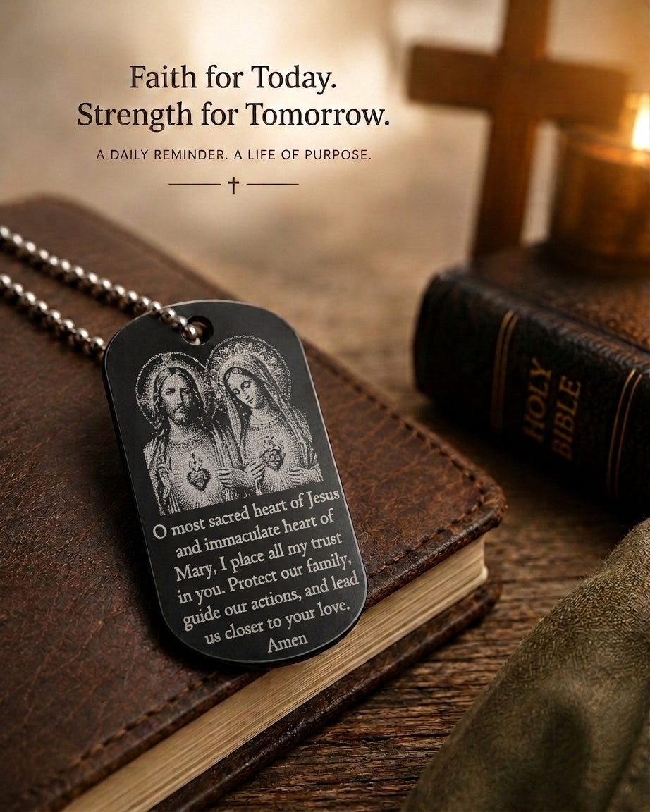 Sacred Heart of Jesus and Immaculate Heart of Mary devotional dog tag displayed in a Catholic devotional setting.