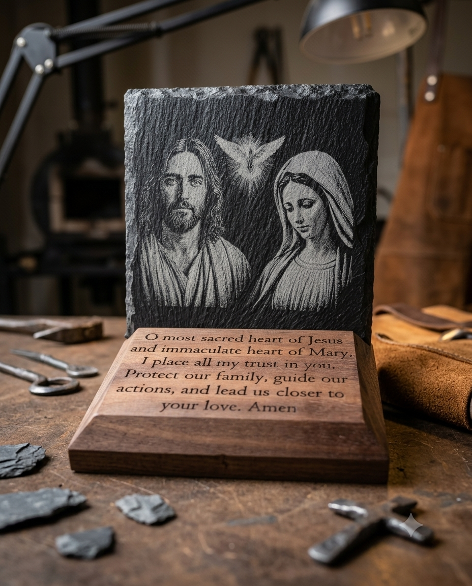 Detailed laser engraving of Jesus Mary and the Holy Spirit on natural slate by The Catholic Blacksmith
