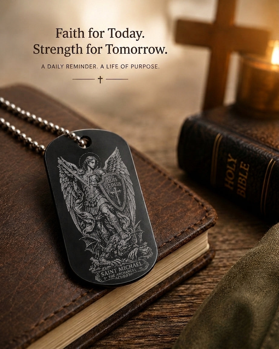 Saint Michael the Archangel devotional military-style dog tag displayed in a Catholic devotional setting.