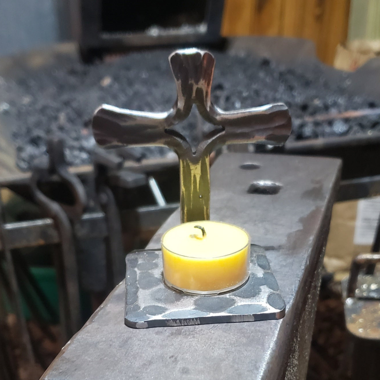 Split cross prayer candle holder