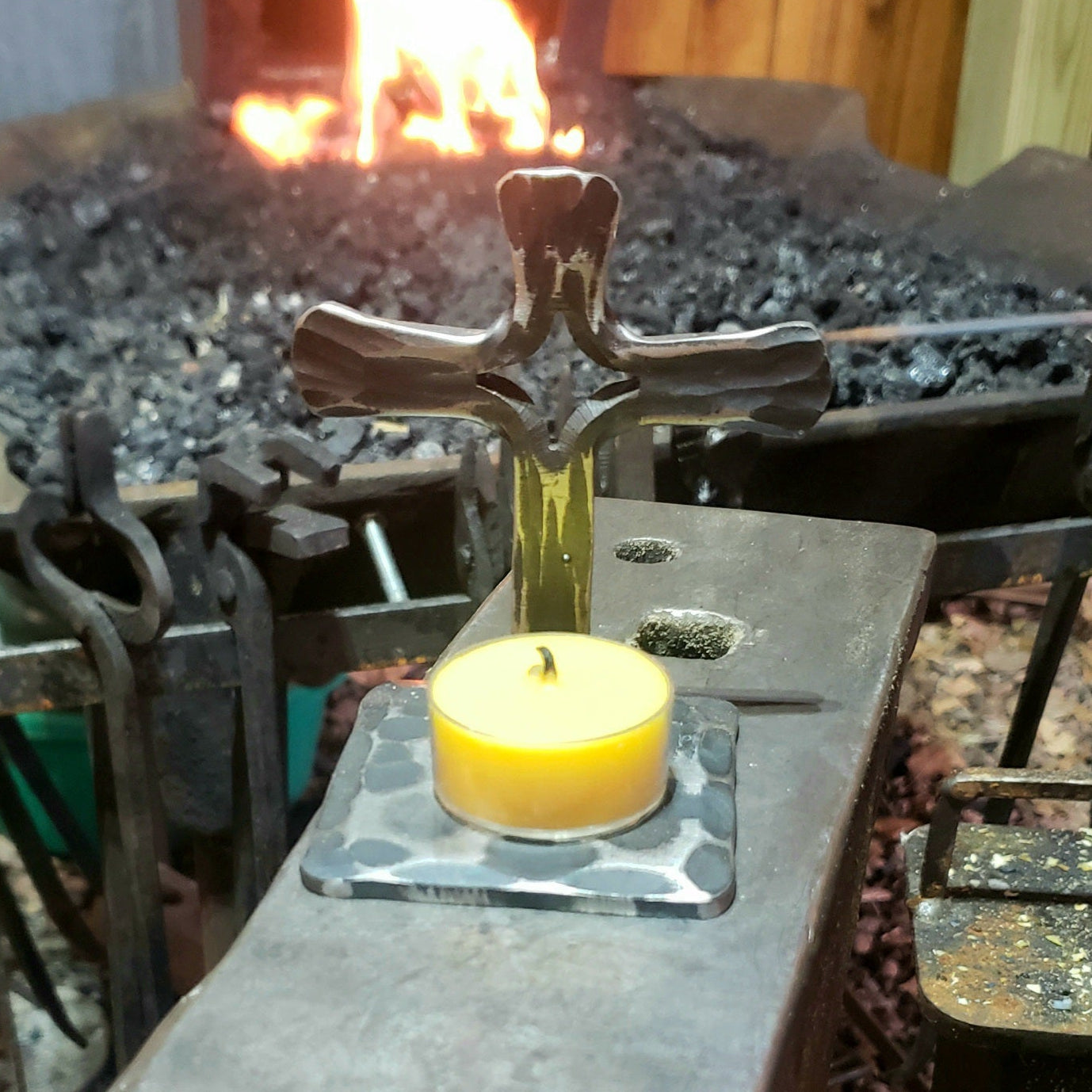Split cross prayer candle holder