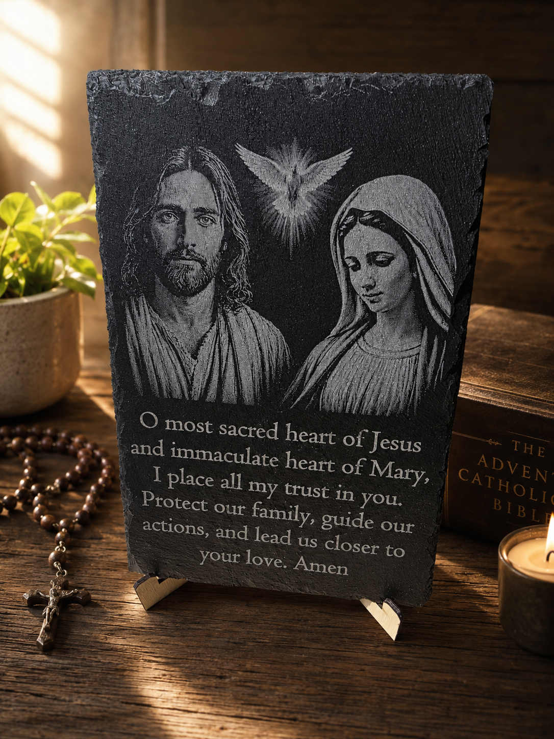 Sacred Heart of Jesus & Immaculate Heart of Mary Slate Prayer Plaque