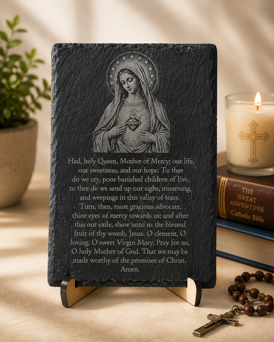 Immaculate Heart of Mary Slate Prayer Plaque – Hail Holy Queen | 6" × 9" Laser Engraved Natural Slate