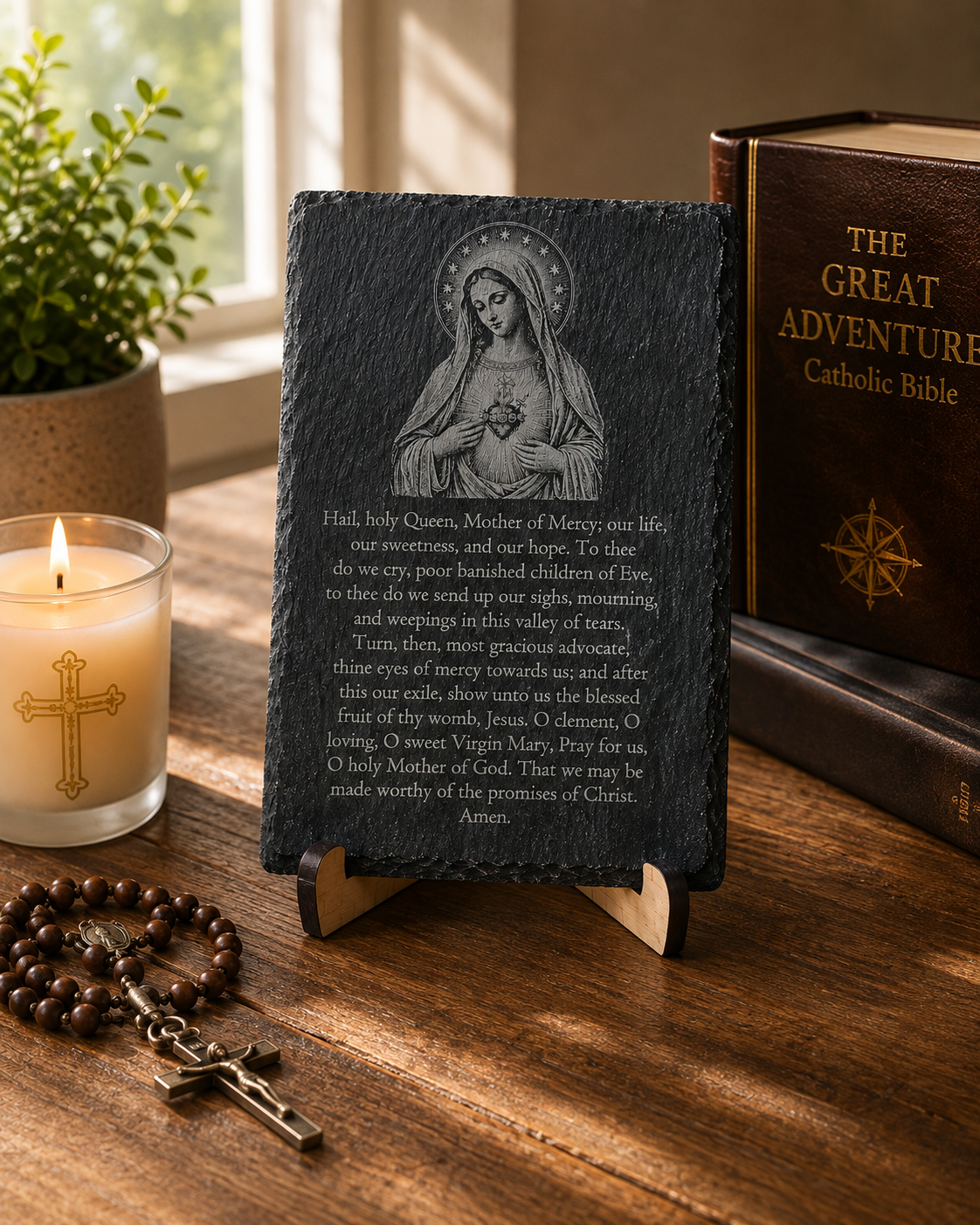 Immaculate Heart of Mary Slate Prayer Plaque – Hail Holy Queen | 6" × 9" Laser Engraved Natural Slate