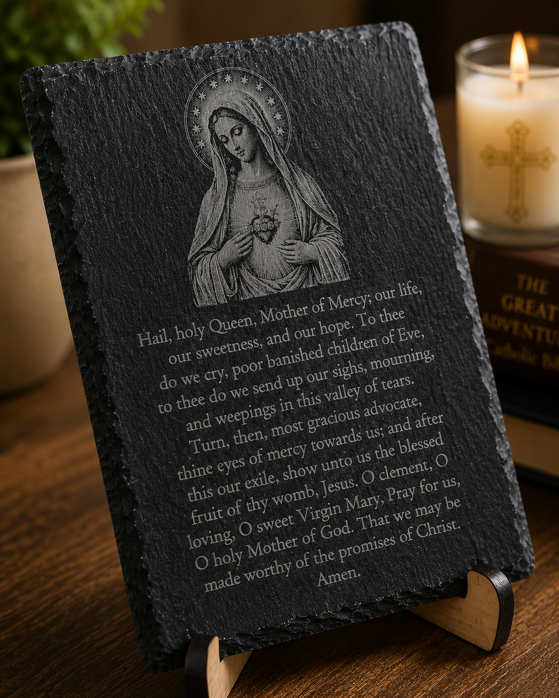 Immaculate Heart of Mary Slate Prayer Plaque – Hail Holy Queen | 6" × 9" Laser Engraved Natural Slate