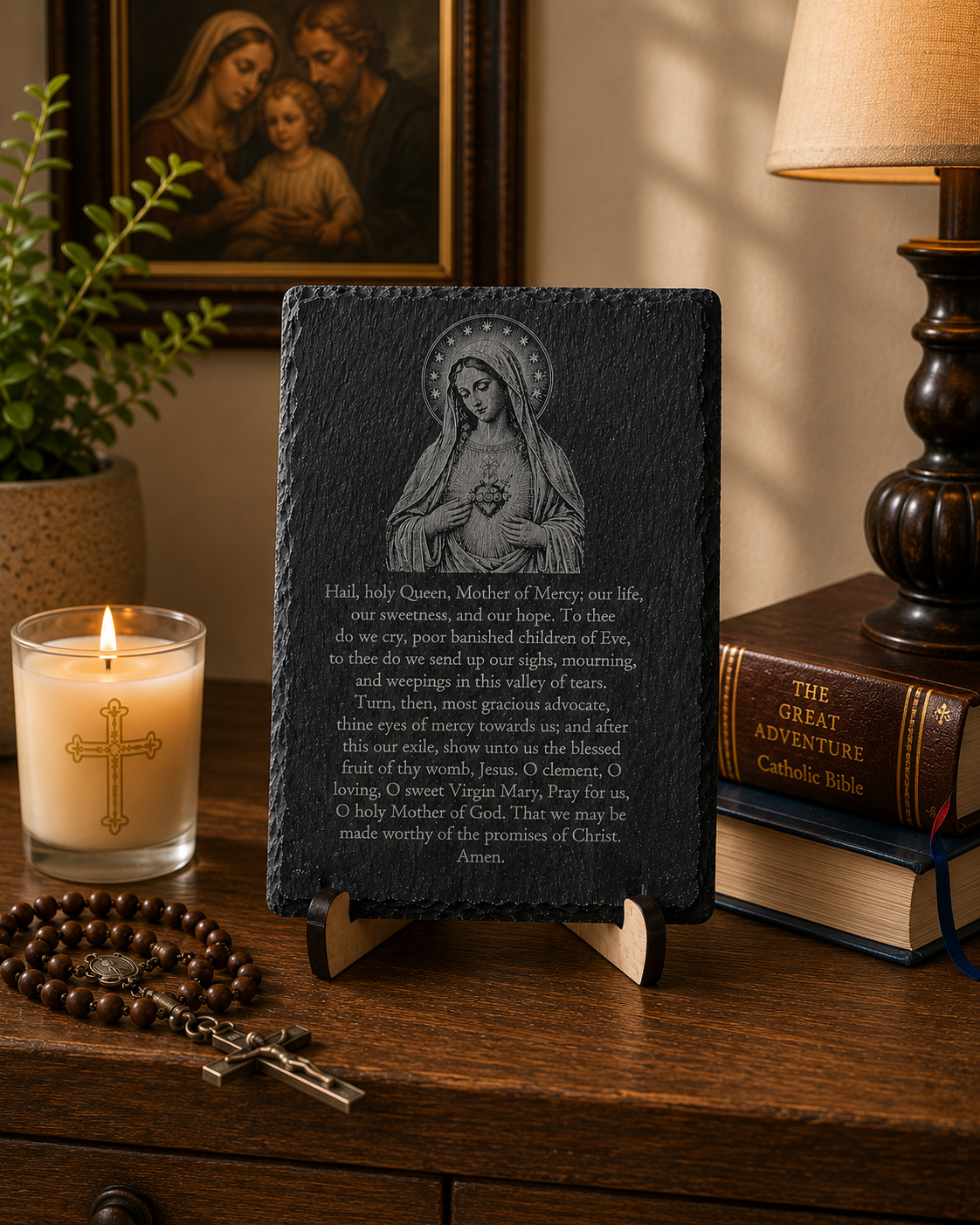 Immaculate Heart of Mary Slate Prayer Plaque – Hail Holy Queen | 6" × 9" Laser Engraved Natural Slate