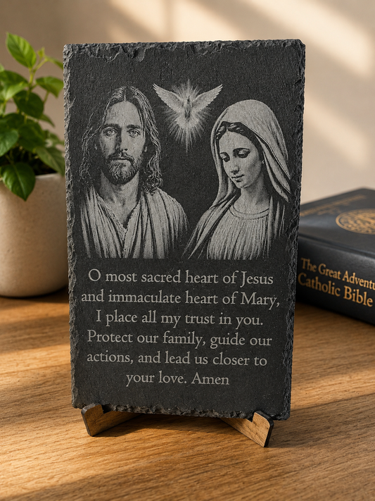 Sacred Heart of Jesus and Immaculate Heart of Mary laser engraved slate prayer plaque on a wooden display stand by The Catholic Blacksmith