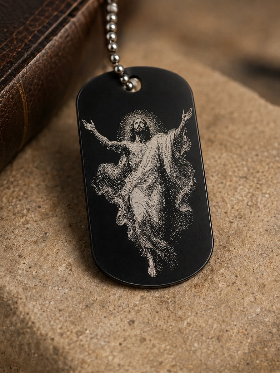 Ascension of Jesus devotional military-style dog tag close-up showing laser engraving by The Catholic Blacksmith.