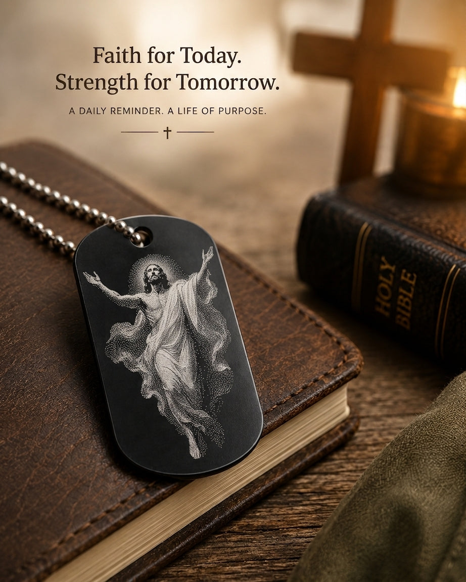 Ascension of Jesus devotional military-style dog tag displayed in a Catholic devotional setting by The Catholic Blacksmith.