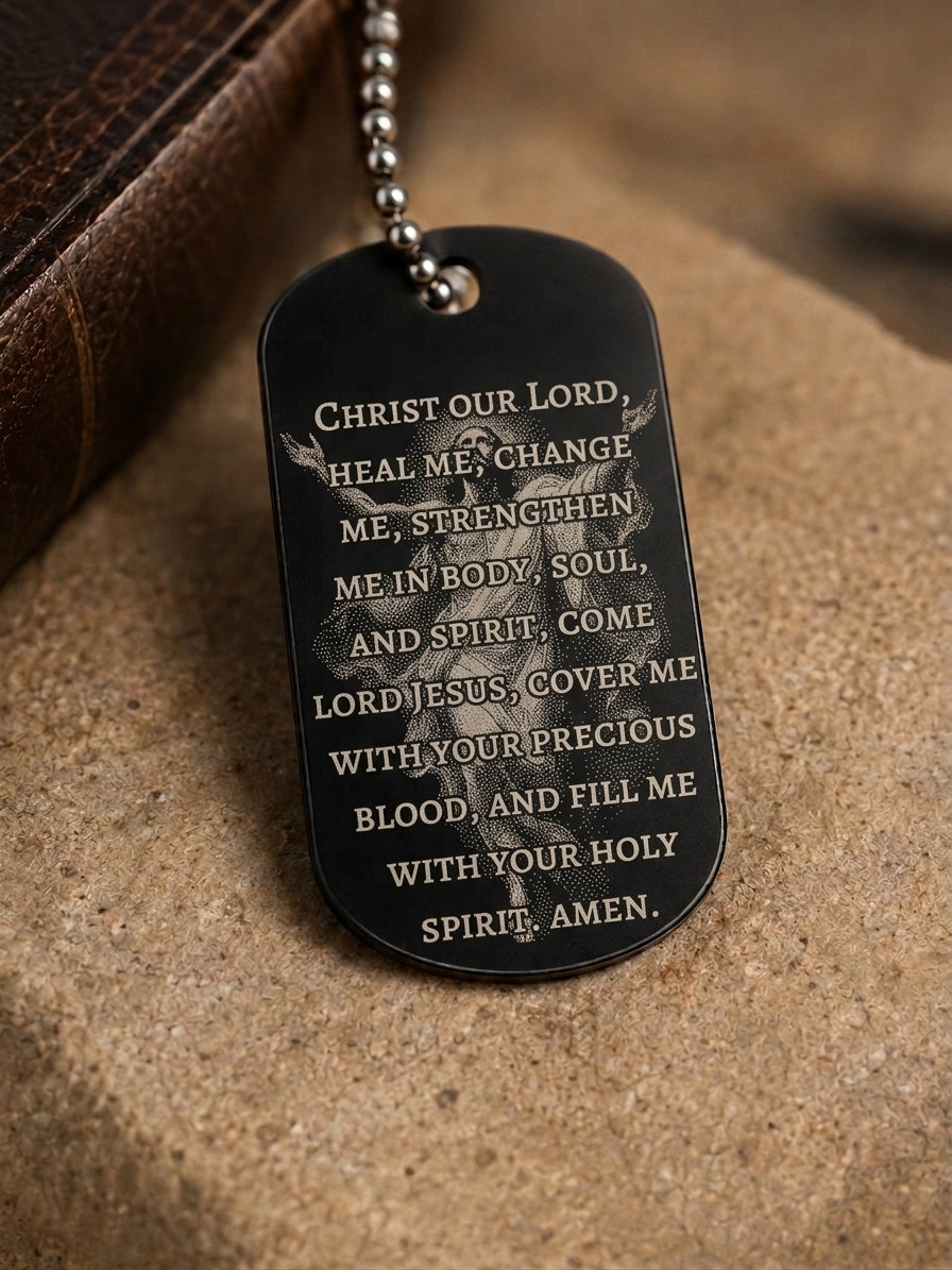 Ascension of Jesus devotional dog tag with Prayer for Strength laser engraving by The Catholic Blacksmith.
