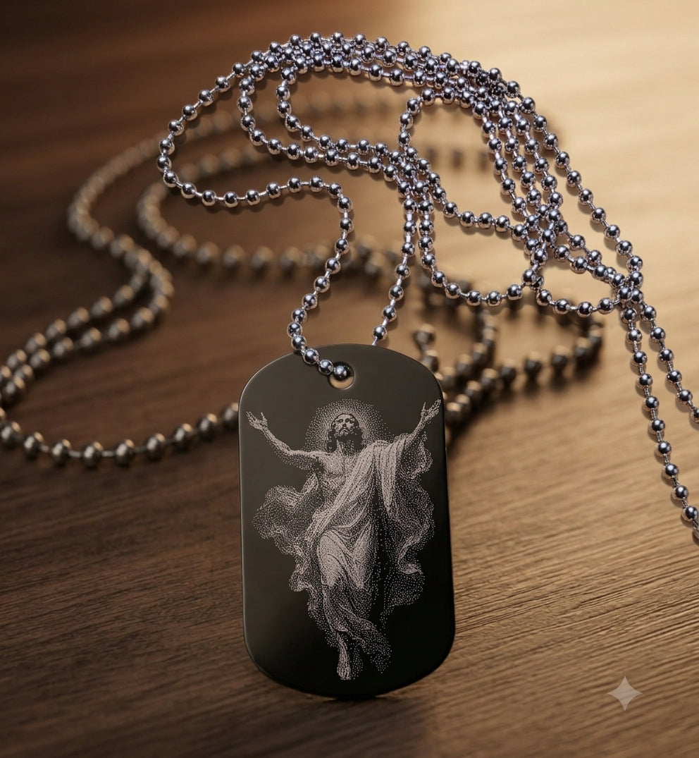Ascension of Jesus devotional military-style dog tag with laser-engraved artwork by The Catholic Blacksmith