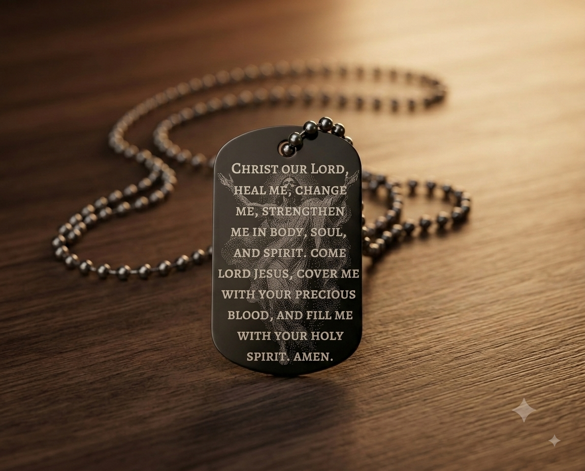 Ascension of Jesus devotional dog tag with prayer for strength laser engraved over the artwork by The Catholic Blacksmith