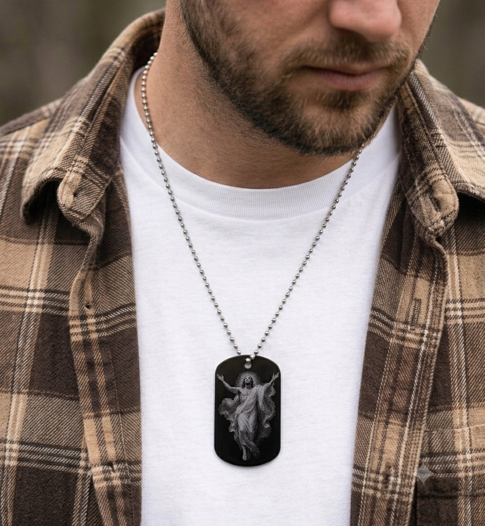 Ascension of Jesus Catholic devotional dog tag worn on a 27-inch ball chain by The Catholic Blacksmith