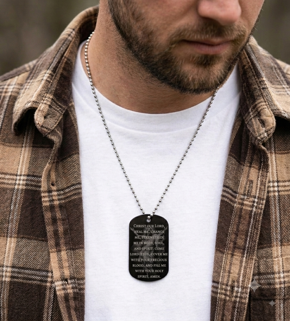 Ascension of Jesus Catholic devotional dog tag worn on a 27-inch ball chain by The Catholic Blacksmith