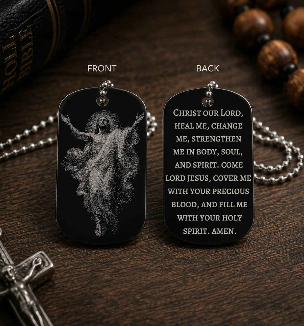 Ascension of Jesus devotional dog tag showing 1 1/8 by 1 7/8 inch size by The Catholic Blacksmith