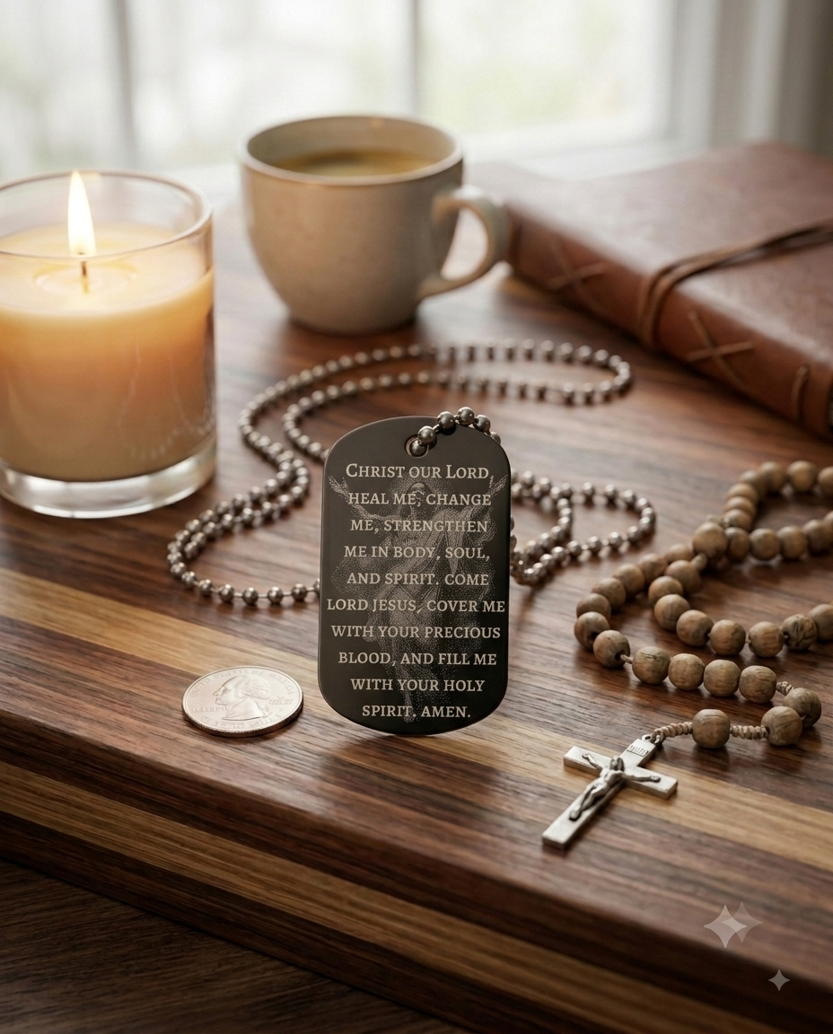 Ascension of Jesus devotional dog tag showing 1 1/8 by 1 7/8 inch size by The Catholic Blacksmith