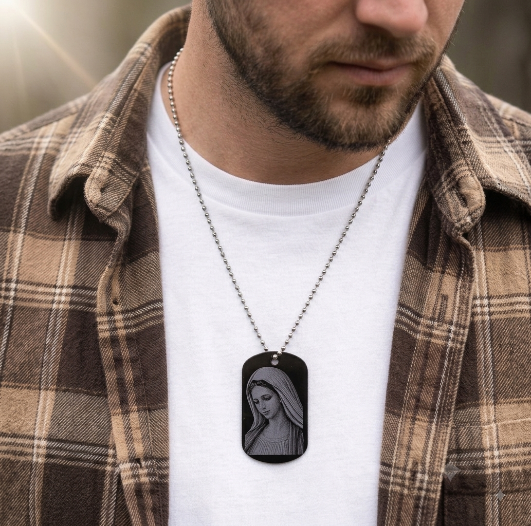 Blessed Virgin Mary laser engraved on the front of a Catholic devotional dog tag