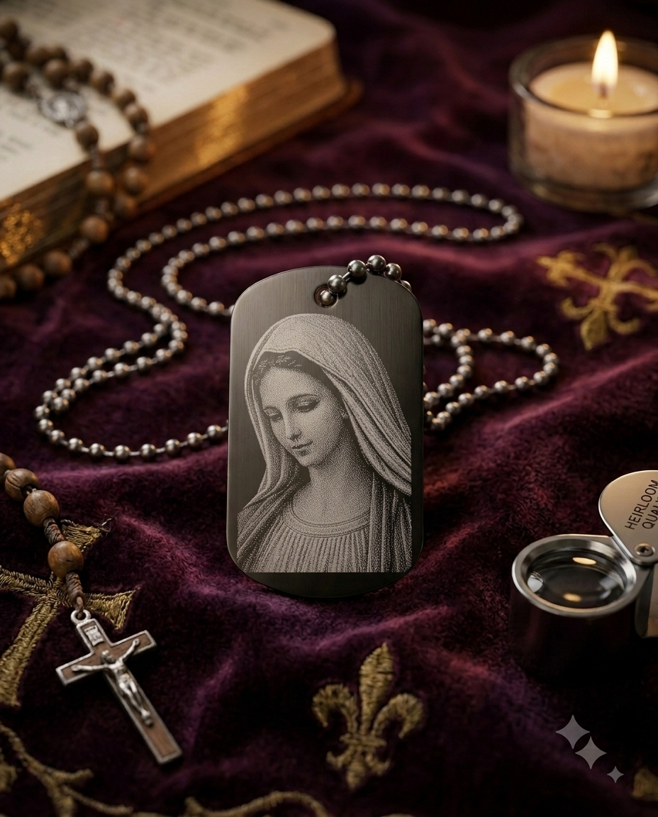 Blessed Virgin Mary devotional dog tag necklace presented as a meaningful Catholic gift