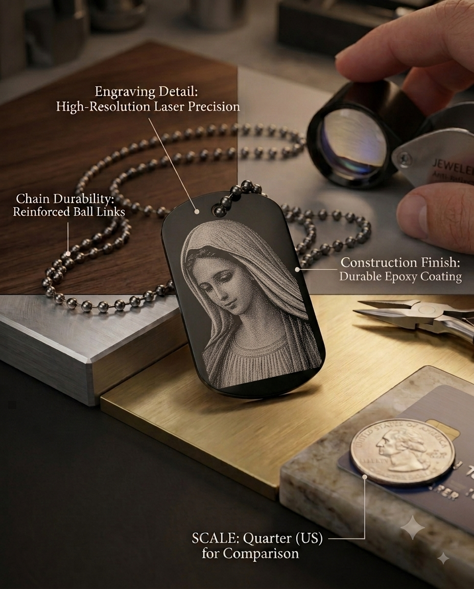 Blessed Virgin Mary Hail Mary Prayer devotional dog tag necklace with ball chain