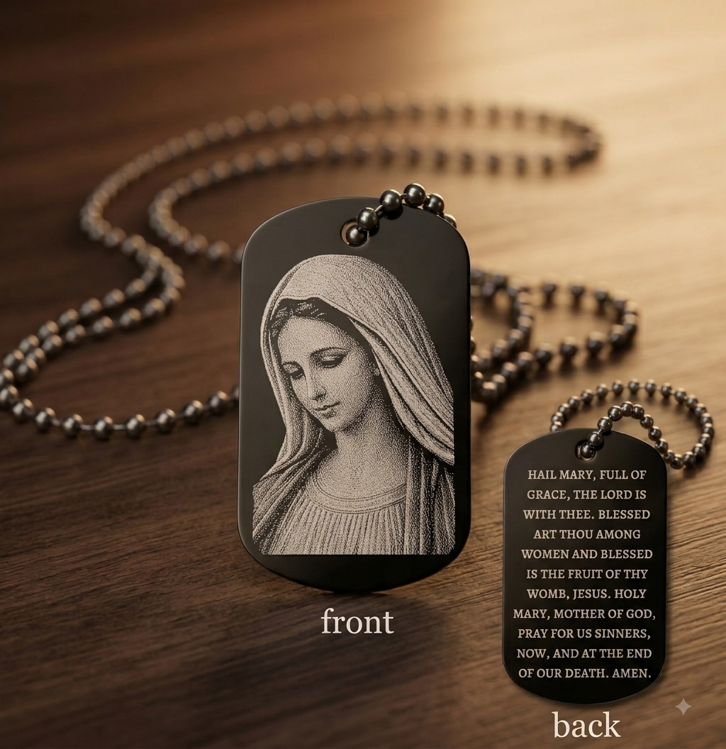 Double-sided Blessed Virgin Mary Catholic dog tag with Hail Mary Prayer engraved on the back