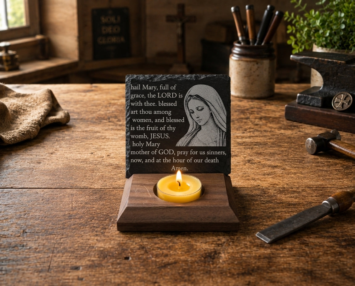 Close view of Blessed Virgin Mary Hail Mary slate plaque showing natural slate texture, engraving, and handcrafted black walnut base.