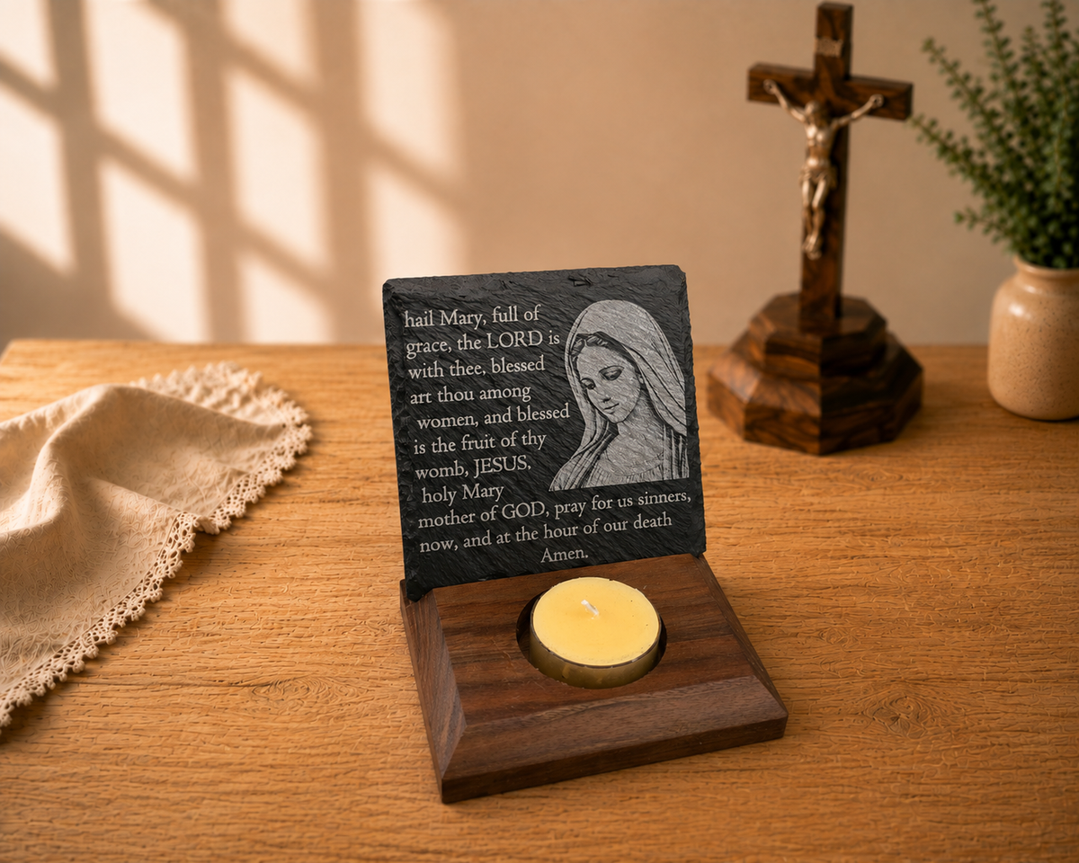 Blessed Virgin Mary Hail Mary 4x4 laser-engraved slate plaque with black walnut candle base by The Catholic Blacksmith.