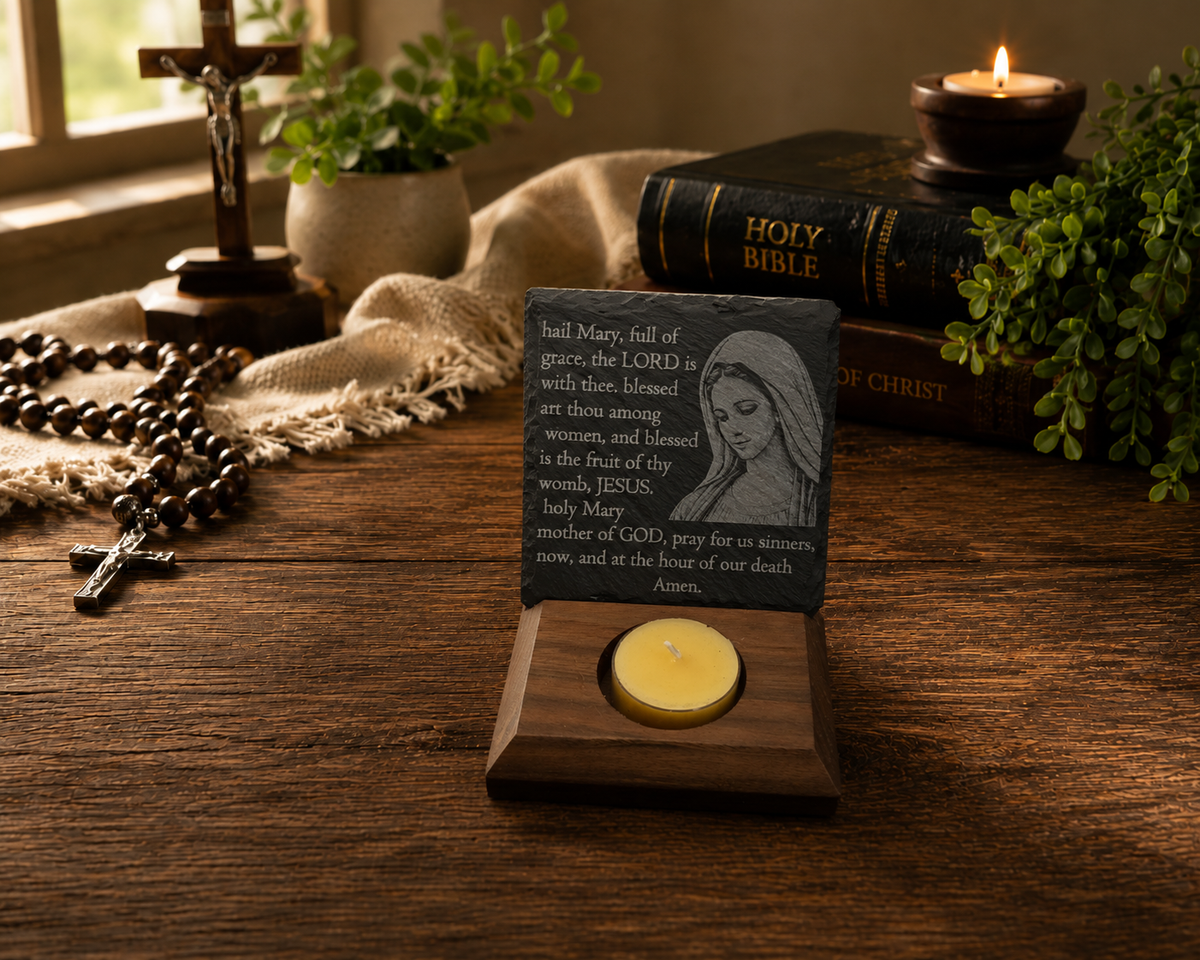 Blessed Virgin Mary Hail Mary slate prayer plaque with black walnut candle base displayed in a Catholic devotional setting.