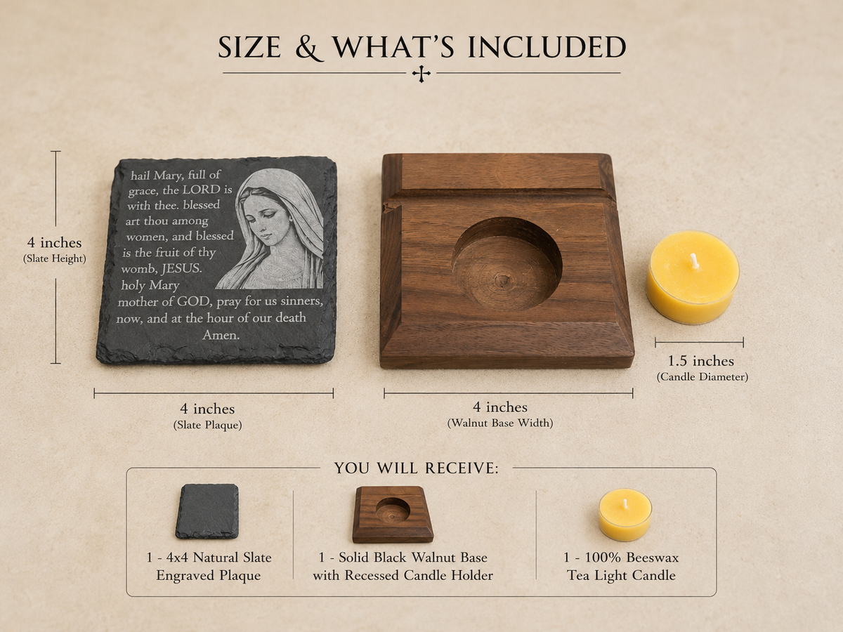 Blessed Virgin Mary 4x4 Hail Mary slate plaque showing product size, black walnut base, and included beeswax tea light.
