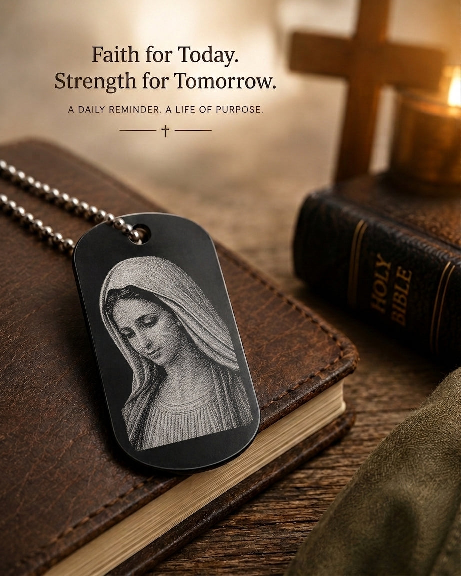 Blessed Virgin Mary devotional dog tag with Salve Regina Prayer displayed in a Catholic devotional setting.