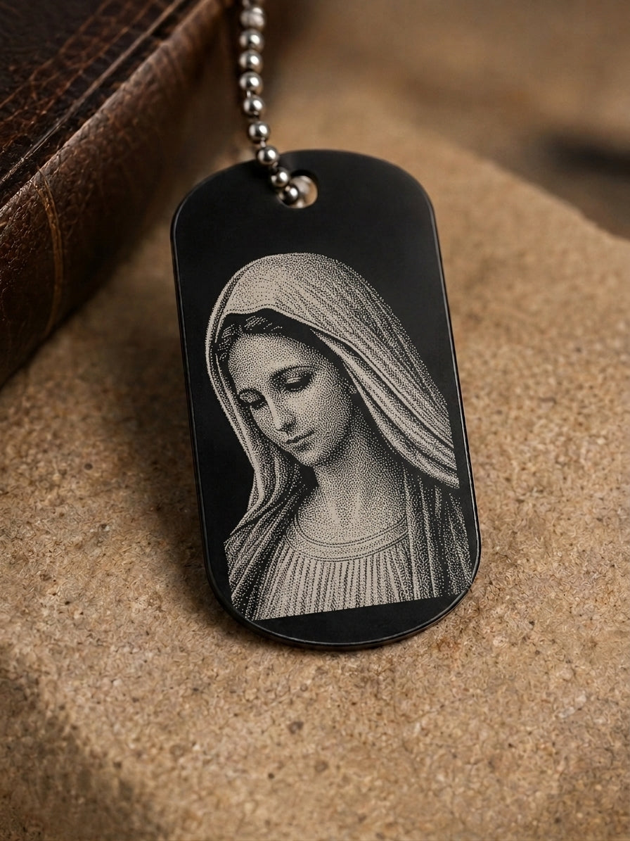 Blessed Virgin Mary devotional dog tag with detailed laser engraving by The Catholic Blacksmith.