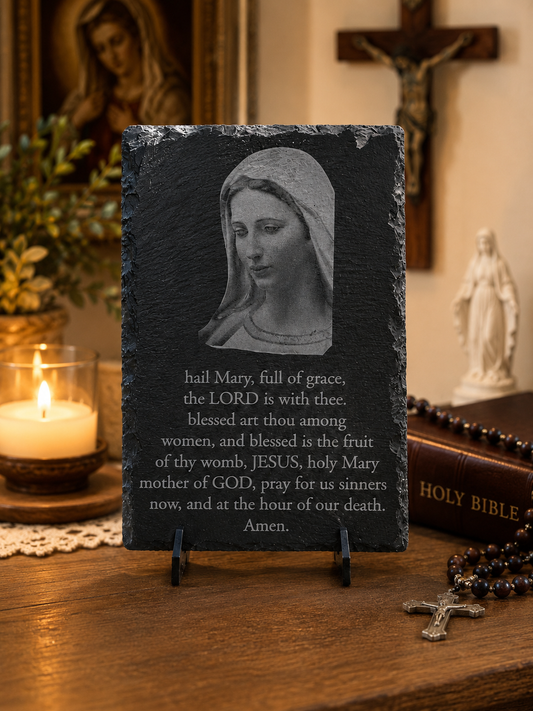 Hail Mary devotional slate plaque with Blessed Virgin Mary artwork and prayer by The Catholic Blacksmith