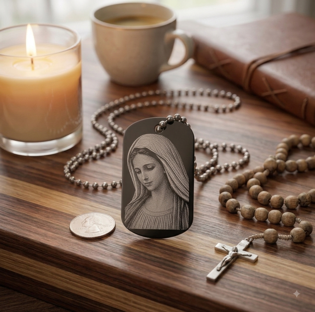Hail Mary Prayer laser engraved on the back of a Catholic devotional dog tag