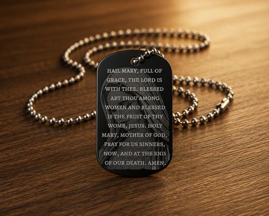 Hail Mary prayer Catholic devotional dog tag necklace with Blessed Virgin Mary engraving by The Catholic Blacksmith