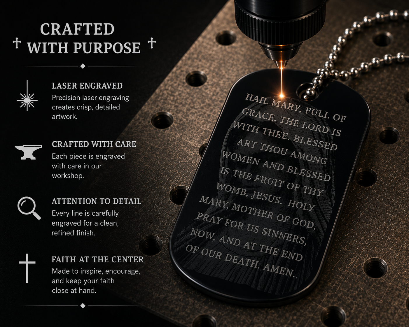 Laser engraving the Hail Mary prayer and Blessed Virgin Mary image onto a dog tag