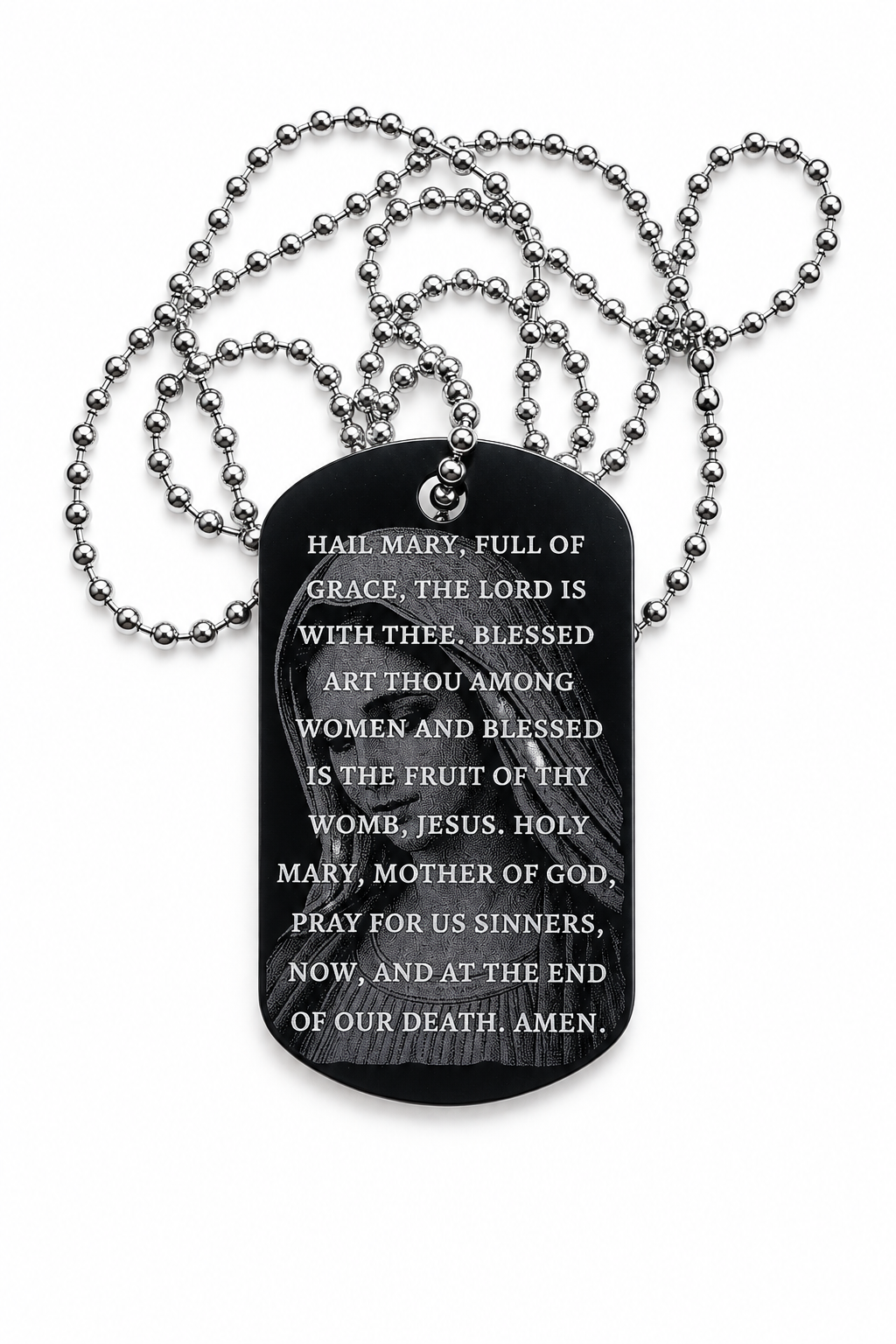 Hail Mary prayer military-style dog tag necklace featuring the Blessed Virgin Mary