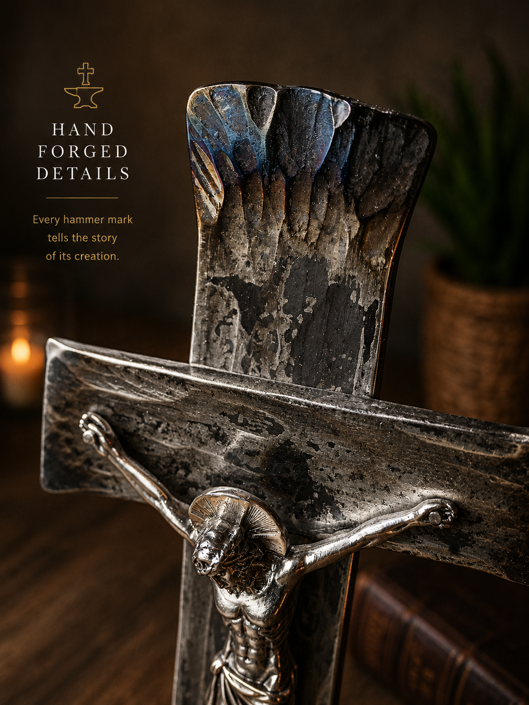 Close-up of the hand-forged steel crucifix, walnut base, and laser-engraved Fatima prayer plaque.