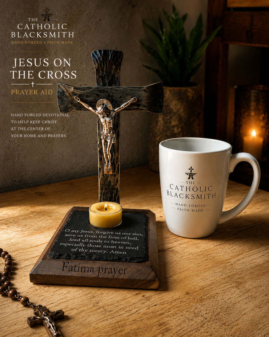 Hand-forged Fatima Prayer crucifix candle holder with laser-engraved prayer plaque and walnut base by The Catholic Blacksmith.
