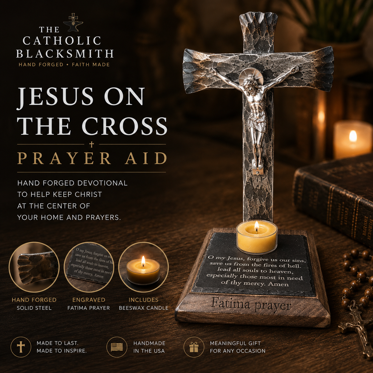 Hand-forged Fatima Prayer crucifix candle holder displayed in a Catholic home prayer corner.