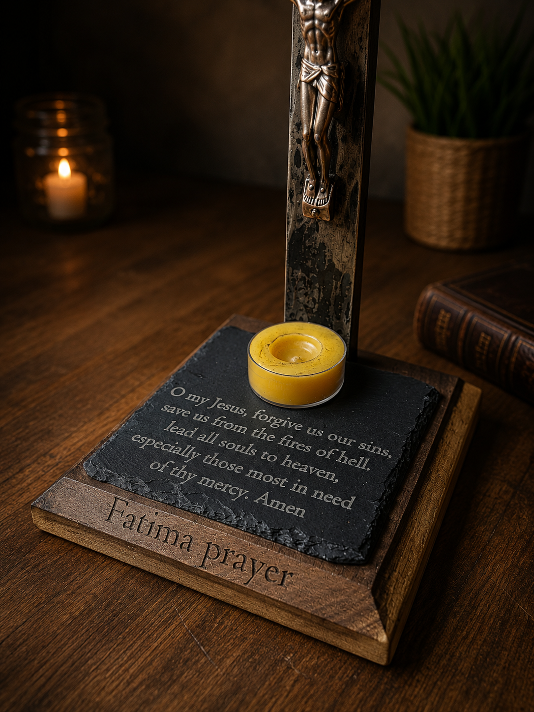 Hand-forged Fatima Prayer crucifix candle holder shown with size reference.