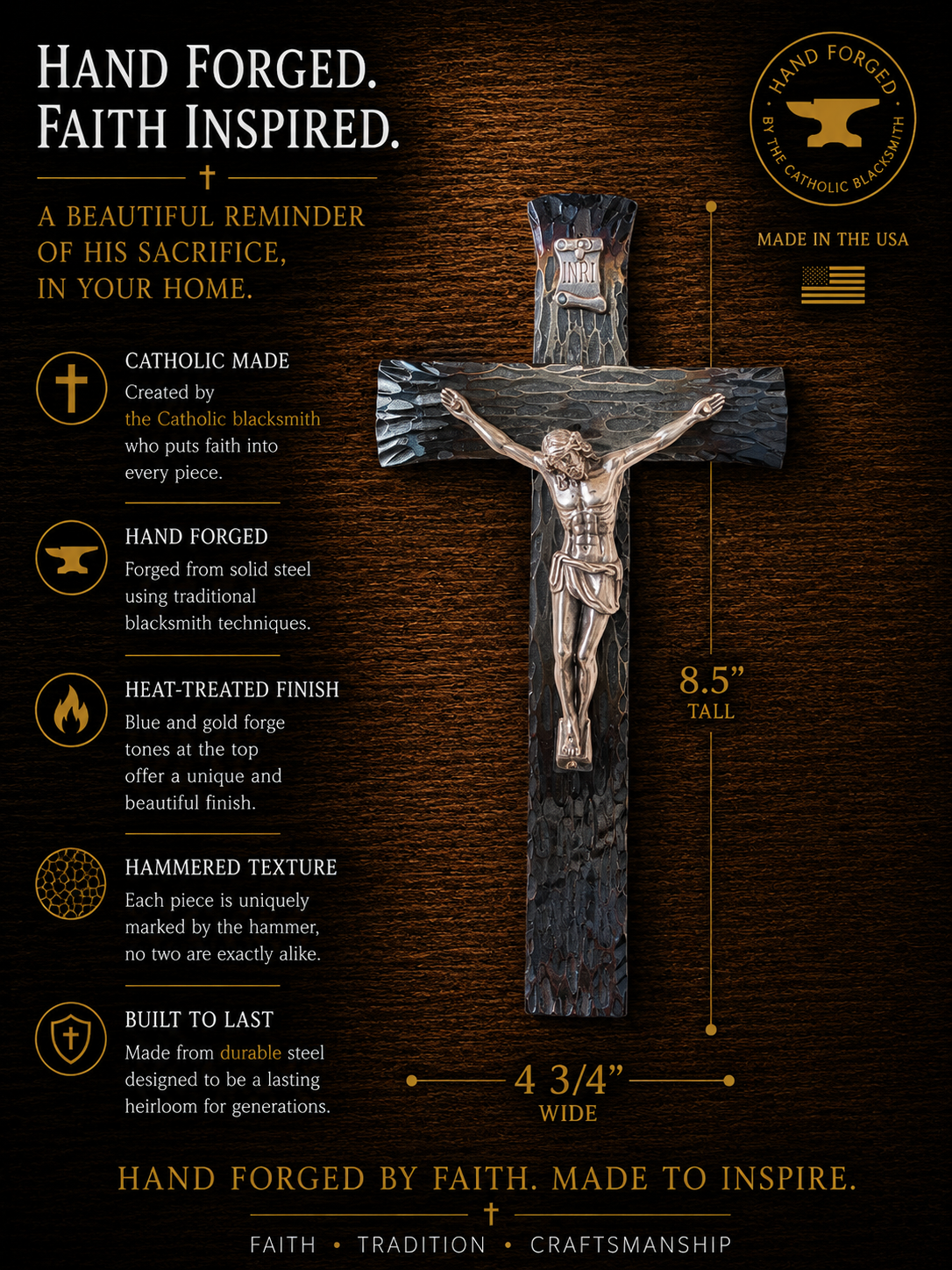 Hand-forged steel wall crucifix displayed in a Catholic prayer corner with warm natural lighting.